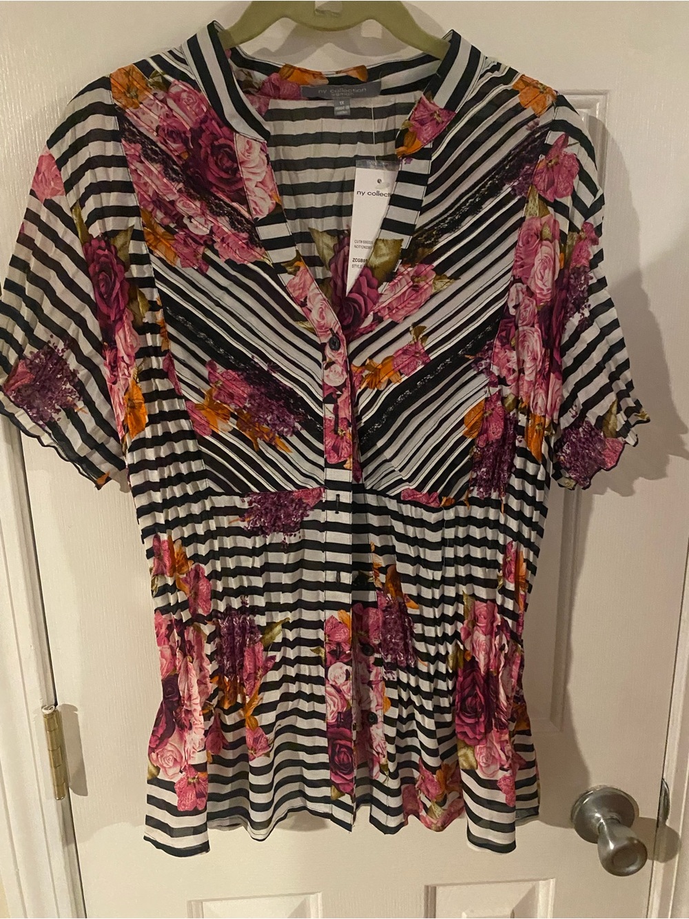 NY Collection Black & White Striped Blouse with Pink Floral Print